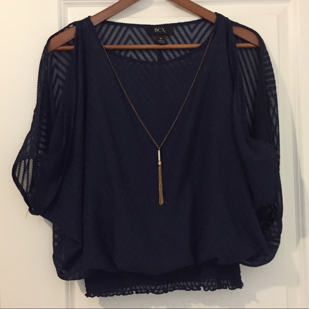 BCX Navy Blue Textured Open-Sleeved Top NWOT